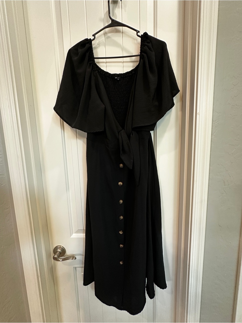 Black Button-Front Tie- Midi Dress
